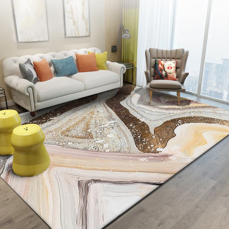 Ivory and brown bedroom rug Modern abstract stone pattern area rug Polyester pet-friendly washable rug | Bowlift