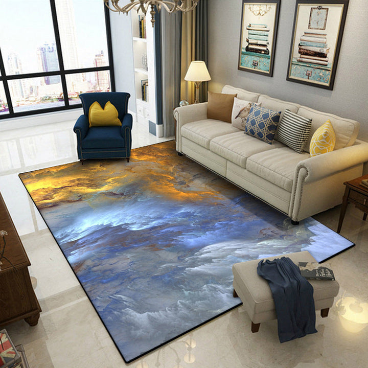 Modern living room rug in blue and yellow abstract cloud pattern rug polyester stain resistant washable area rug | Bowlift