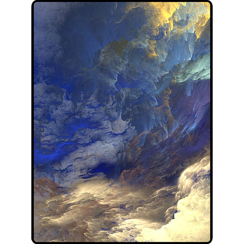 Modern living room rug in blue and yellow abstract cloud pattern rug polyester stain resistant washable area rug | Bowlift