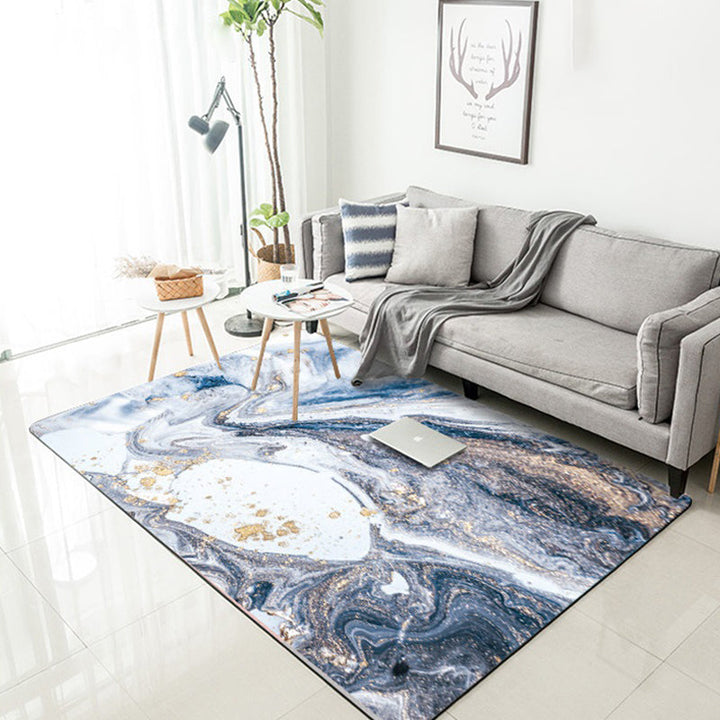 Minimalist modern rug in blue and white abstract marble pattern rug polyester washable rug for home decoration | Bowlift