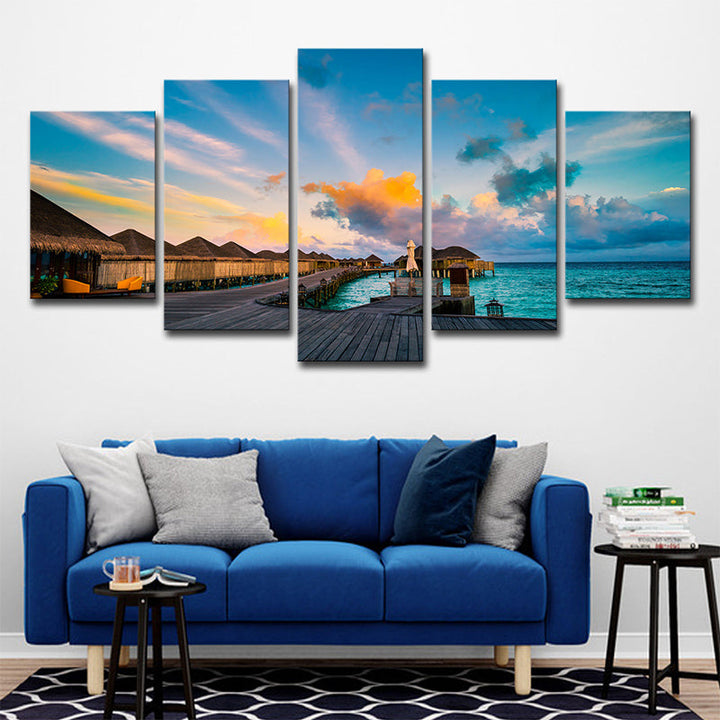 BowLift | Maldives Sunset View Wall Art Multi-part Tropical Hotel Canvas Print in Blue