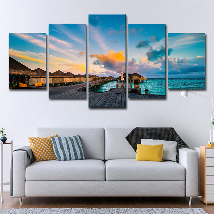 BowLift | Maldives Sunset View Wall Art Multi-part Tropical Hotel Canvas Print in Blue