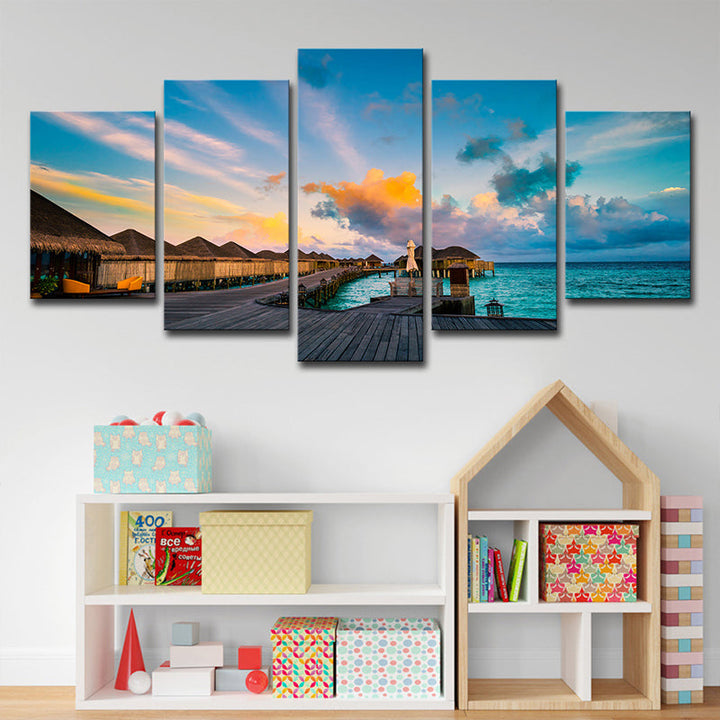 BowLift | Maldives Sunset View Wall Art Multi-part Tropical Hotel Canvas Print in Blue