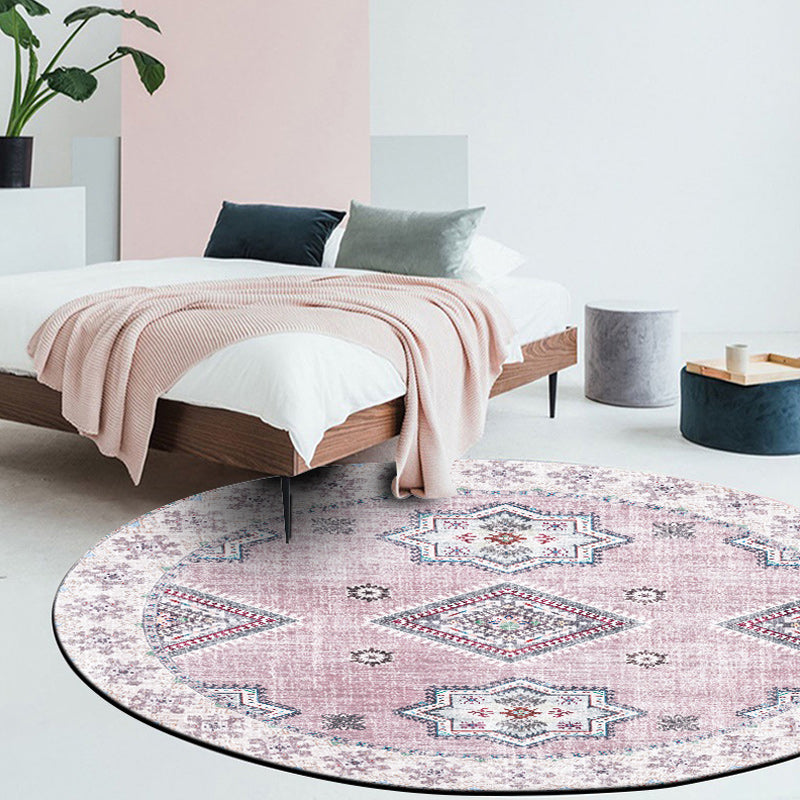 BowLift | Vintage Medallion Pattern Rug Pink and Red Tribal Rug Polyester Washable Non-Slip Back Rug for Living Room