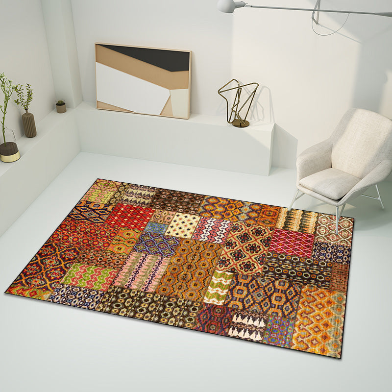 BowLift | Retro ethnic pattern rug Brown polyester rug machine washable non-slip backing area rug for living room