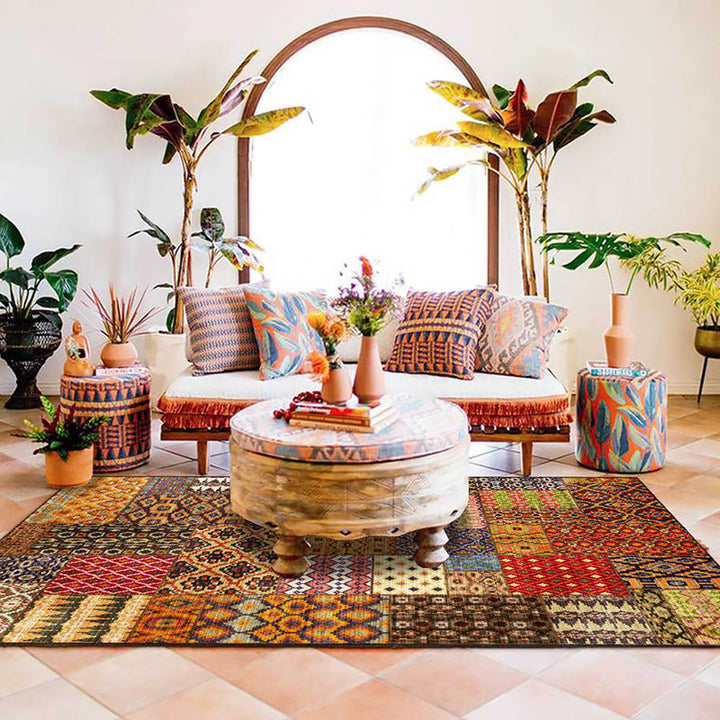 BowLift | Retro ethnic pattern rug Brown polyester rug machine washable non-slip backing area rug for living room