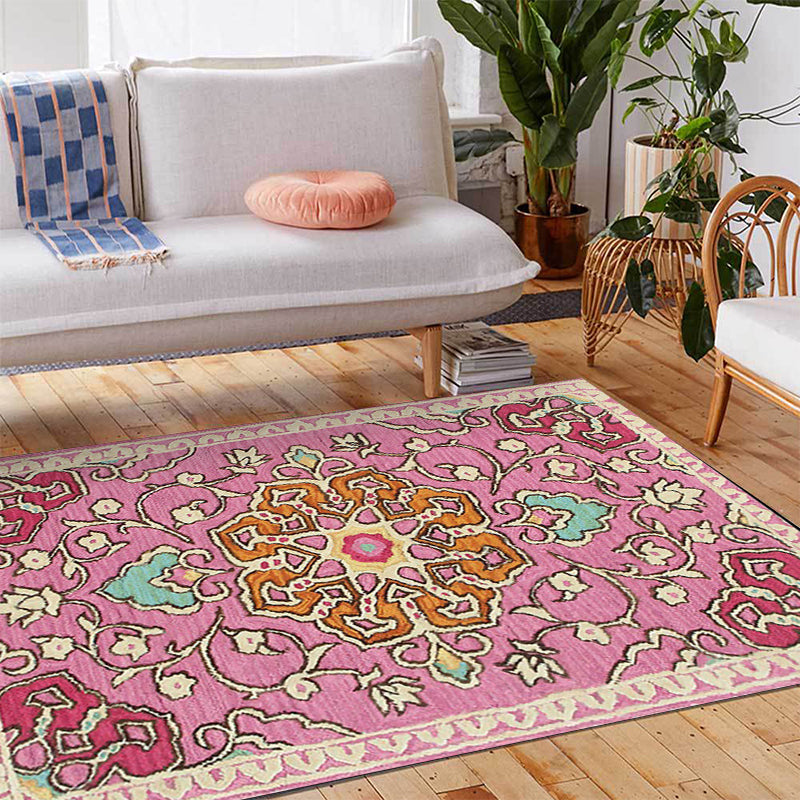 BowLift | Moroccan living room rug in pink medallion floral pattern rug polyester machine washable non-slip rug