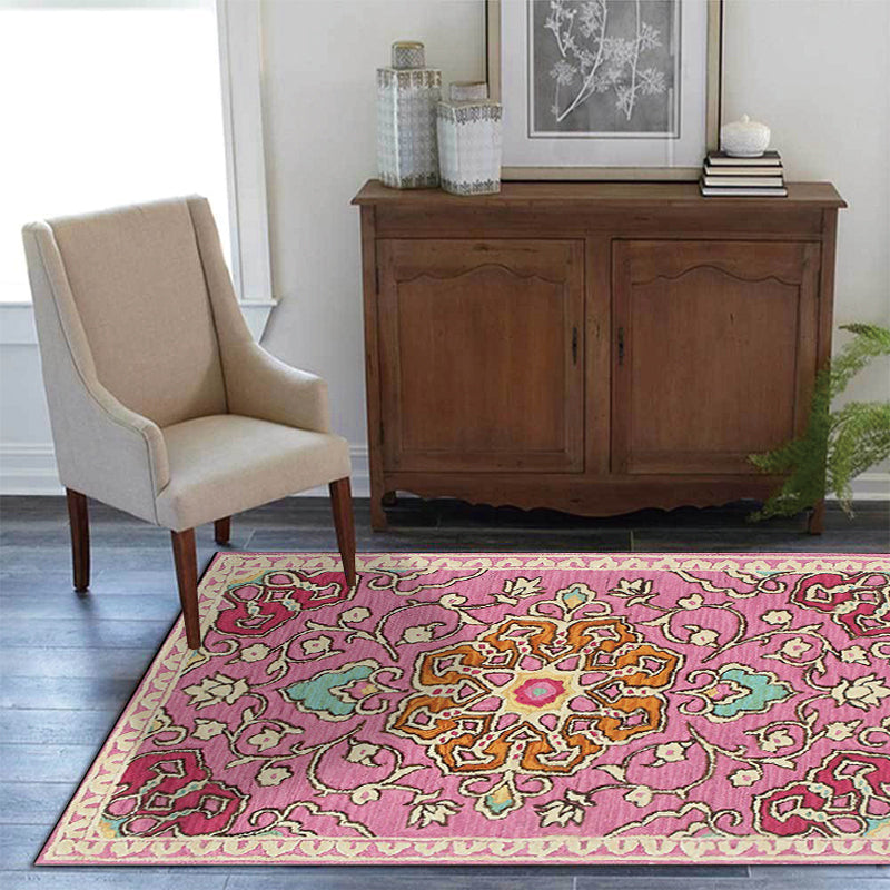 Moroccan living room rug in pink medallion floral pattern rug polyester machine washable non-slip area rug | Bowlift