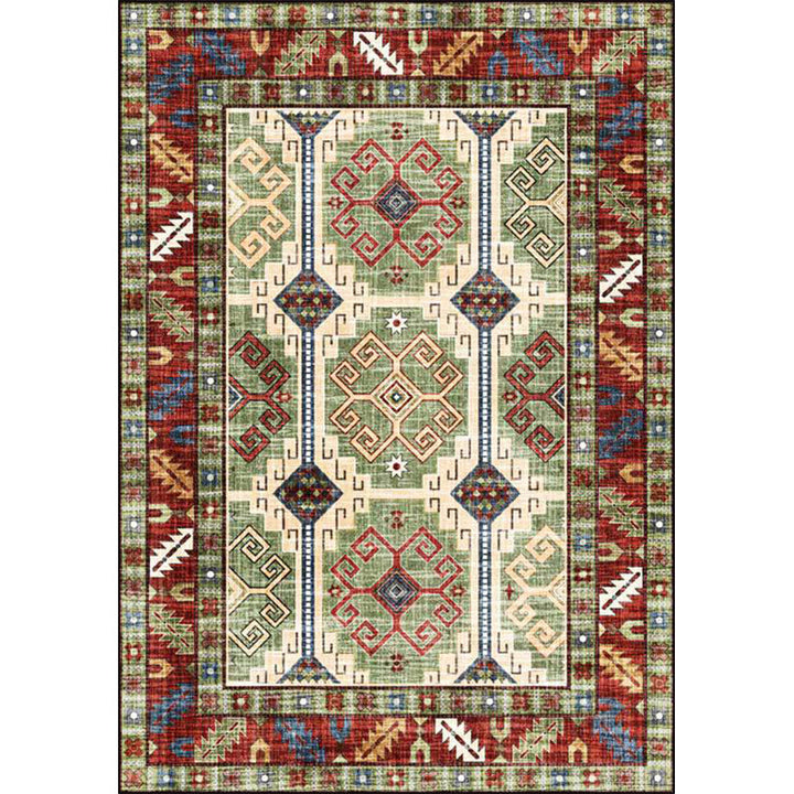 BowLift | Unique Tribal Pattern Rug Green and Red Southwest Rug Polyester Machine Washable Non-Slip Back Rug for Bedroom
