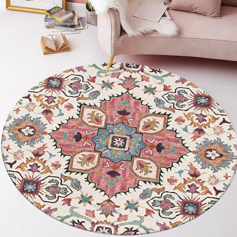 Pink Moroccan Carpet Polyester Medallion Print Carpet Washable Non-Slip Back Carpet for Living Room | Bowlift