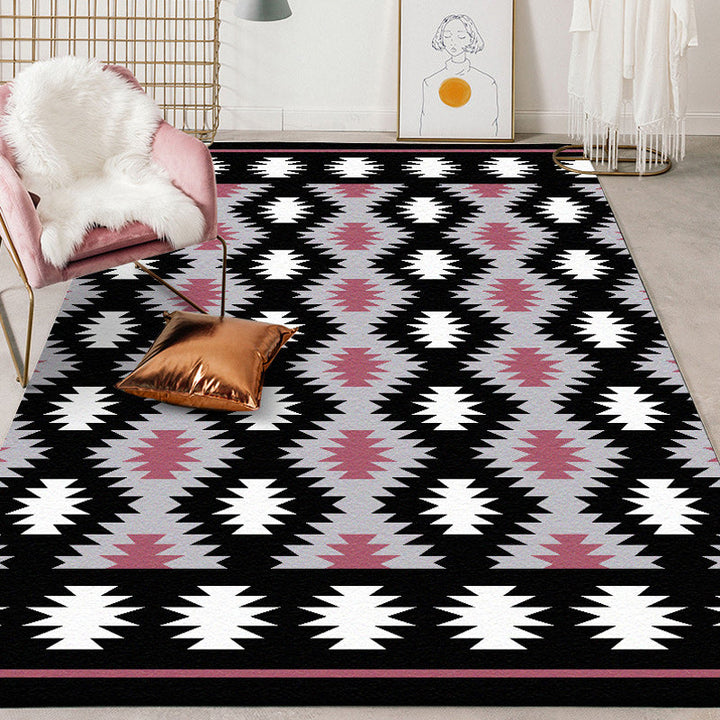 BowLift | Southwestern Living Room Rug in Black Geometric Print Rug Polyester Stain Resistant Washable Area Rug