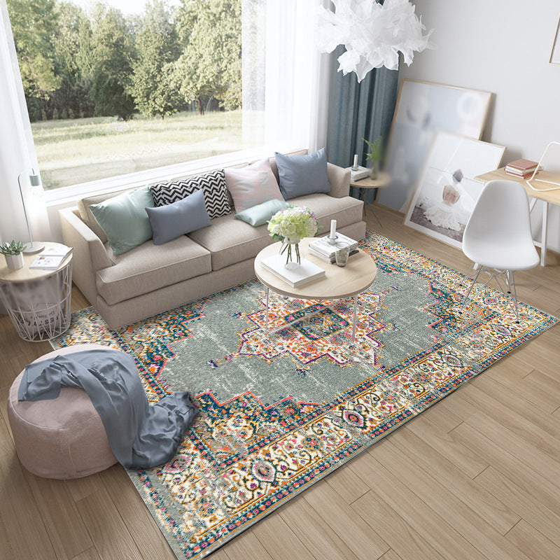 BowLift | Moroccan living room rug in green medallion floral pattern rug polyester non-slip backing rug