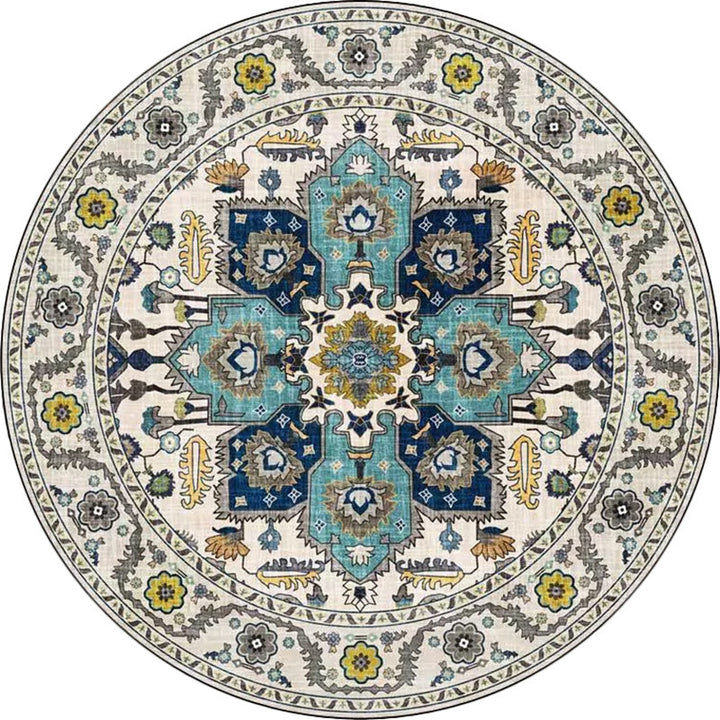 Classic medallion pattern rug with floral blue and red tribal rug polyester washable non-slip backing rug for the living room | Bowlift