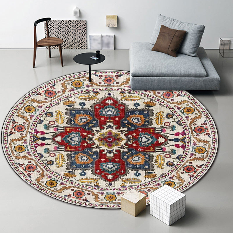 Classic medallion pattern rug with floral blue and red tribal rug polyester washable non-slip backing rug for the living room | Bowlift
