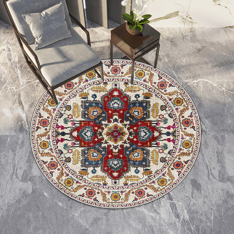 Classic medallion pattern rug with floral blue and red tribal rug polyester washable non-slip backing rug for the living room | Bowlift