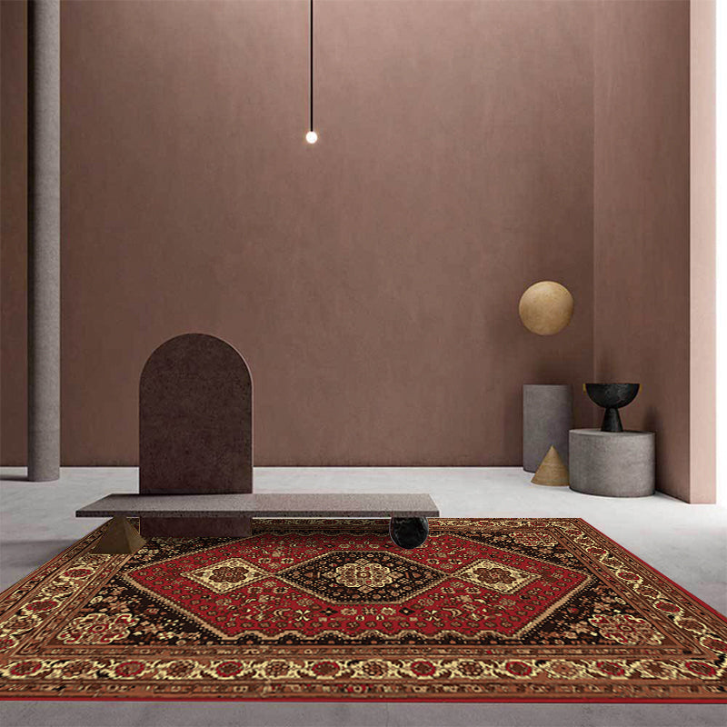 Red and Brown Bedroom Carpet Moroccan Medallion Floral Pattern Carpet Polyester Stain Resistant Carpet | Bowlift