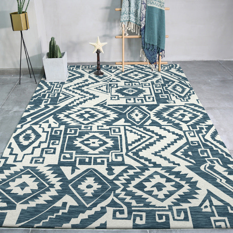 BowLift | Tribal Southwest rug in blue and white geometric pattern rug polyester pet-friendly rug for home decoration