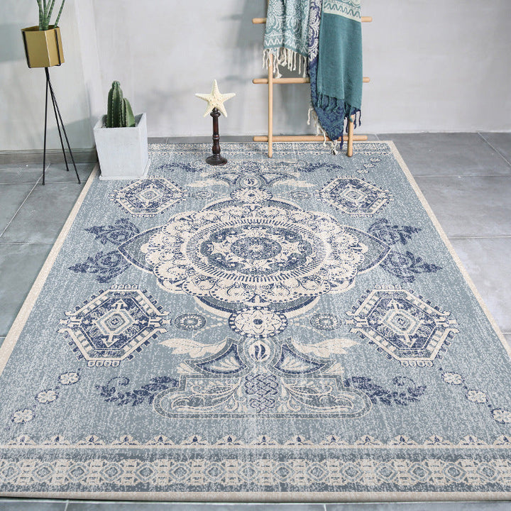 Persian Moroccan carpet in blue medallion with floral leaf pattern carpet polyester non-slip carpet for home decor | Bowlift