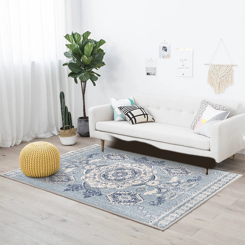 Persian Moroccan carpet in blue medallion with floral leaf pattern carpet polyester non-slip carpet for home decor | Bowlift