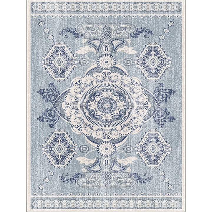 Persian Moroccan carpet in blue medallion with floral leaf pattern carpet polyester non-slip carpet for home decor | Bowlift