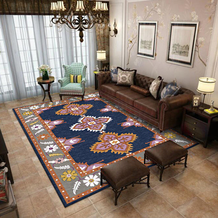 Oriental Moroccan rug in blue and gray with medallion petal pattern rug polyester non-slip rug for home decor | Bowlift
