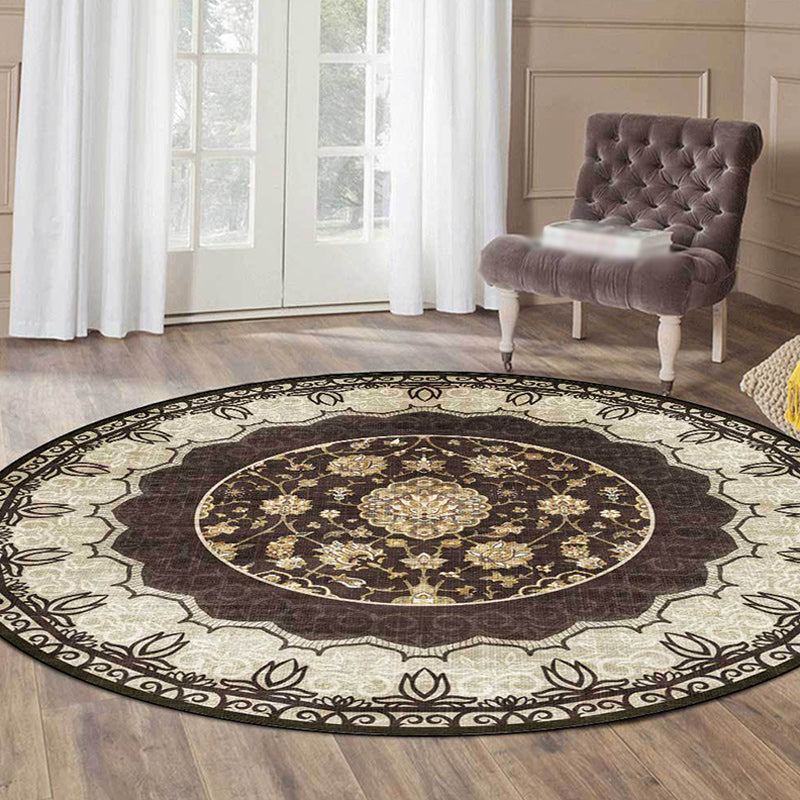 Classic medallion pattern rug with floral brown tribal rug polyester washable non-slip backing rug for the living room | Bowlift
