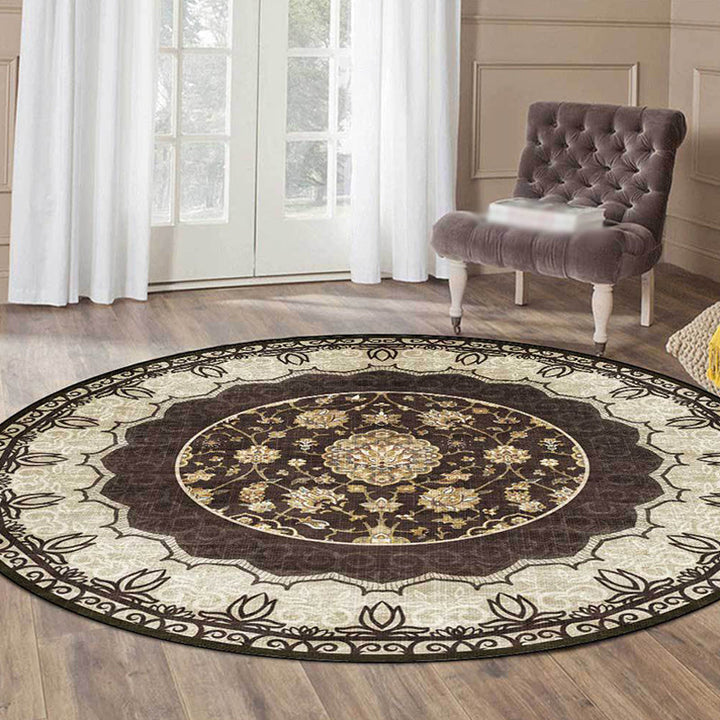 Classic medallion pattern rug with floral brown tribal rug polyester washable non-slip backing rug for the living room | Bowlift