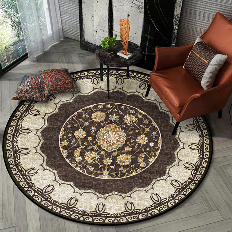 Classic medallion pattern rug with floral brown tribal rug polyester washable non-slip backing rug for the living room | Bowlift