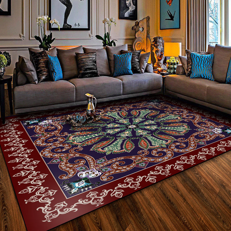 Moroccan living room carpet in red and blue medallion motif floral print carpet polyester non-slip area rug | Bowlift