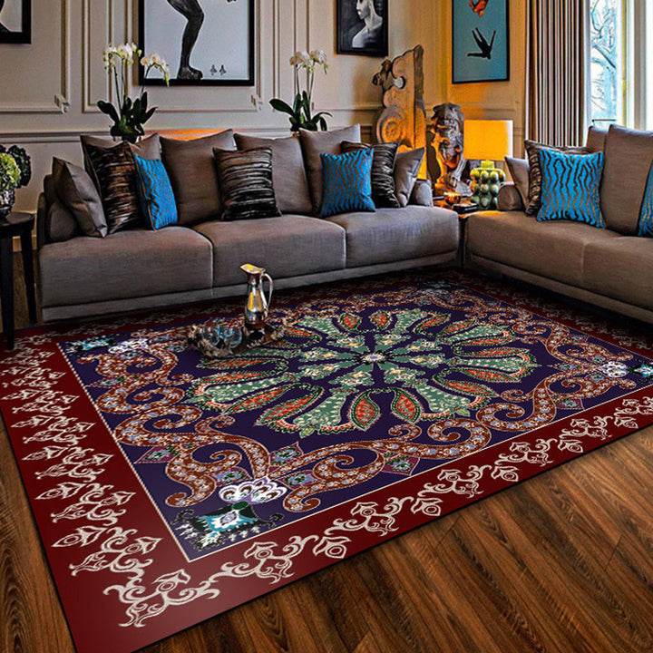 Moroccan living room carpet in red and blue medallion motif floral print carpet polyester non-slip area rug | Bowlift