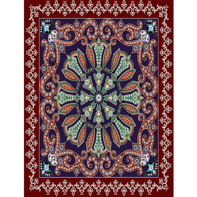 Moroccan living room carpet in red and blue medallion motif floral print carpet polyester non-slip area rug | Bowlift
