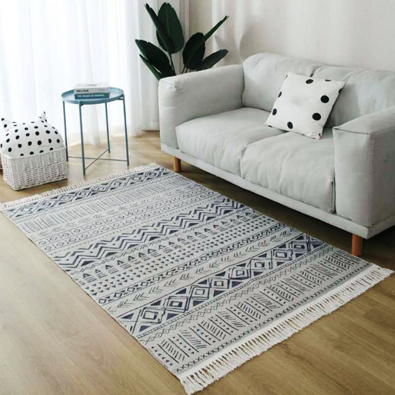 BowLift | Gray and blue southwestern carpet linen tribal and geometric pattern carpet washable fringe back for the living room