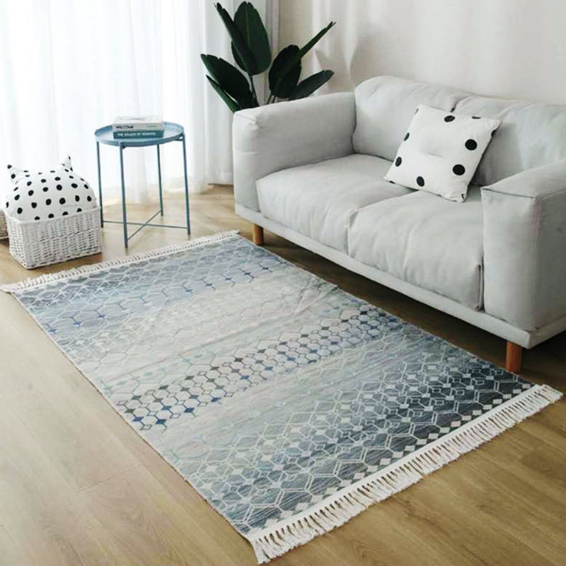 BowLift | Gray and blue southwestern carpet linen tribal and geometric pattern carpet washable fringe back for the living room