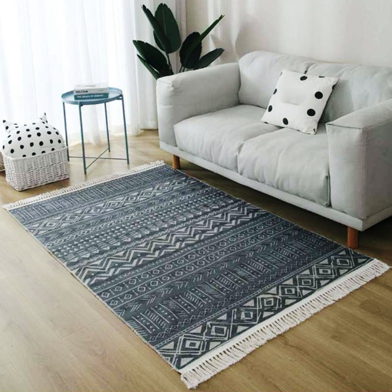 BowLift | Gray and blue southwestern carpet linen tribal and geometric pattern carpet washable fringe back for the living room