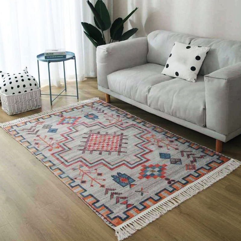 BowLift | Gray and blue southwestern carpet linen tribal and geometric pattern carpet washable fringe back for the living room