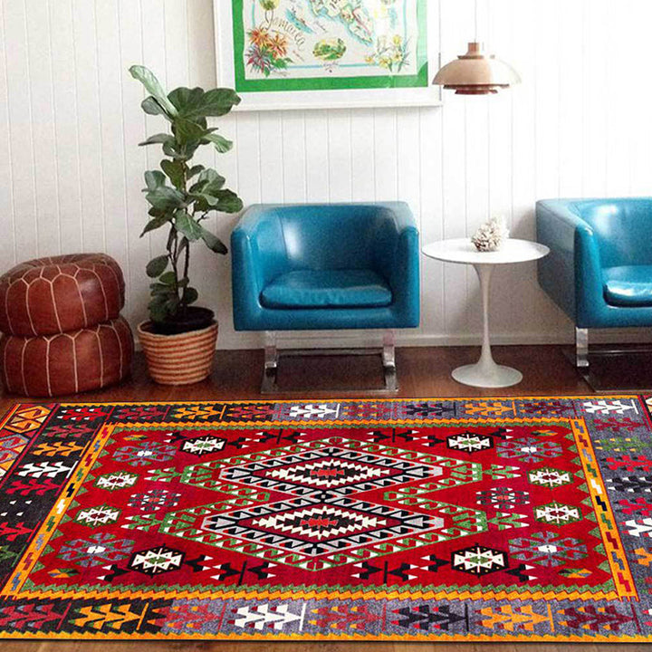BowLift | Southwest Tribal Pattern Rug Red Polyester Rug machine washable non-slip backing Rug for living room