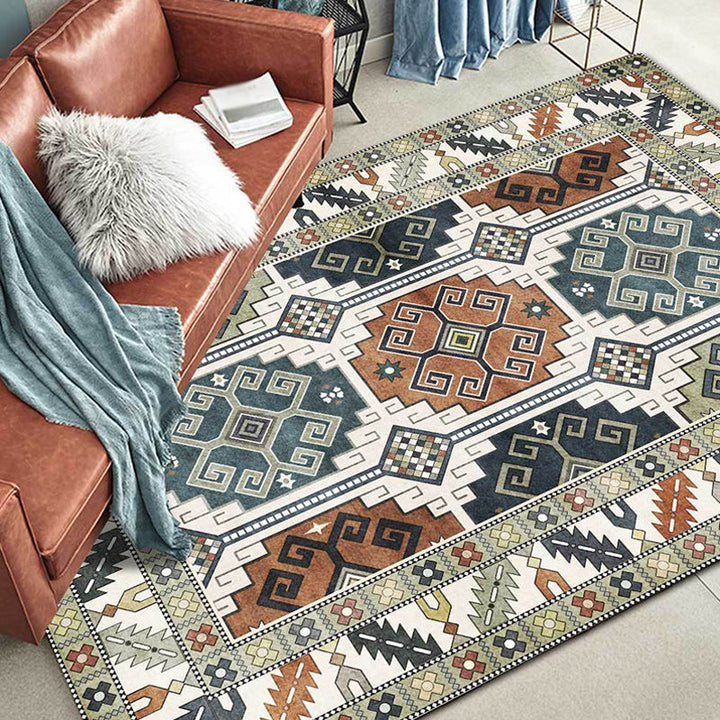 BowLift | Southwest Tribal Pattern Rug Green Polyester Rug Machine Washable Non-Slip Back Rug for Living Room