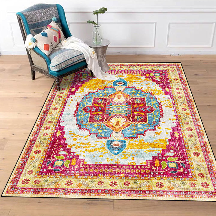 Moroccan Living Room Rug in Yellow and Pink Medallion Flower Petal Geometry Print Rug Polyester Non-Slip Back Area Rug | Bowlift