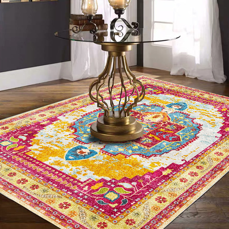 BowLift | Moroccan Living Room Rug in Yellow and Pink Medallion Flower Leaf Geometric Print Rug Polyester Non-Slip Back Area Rug