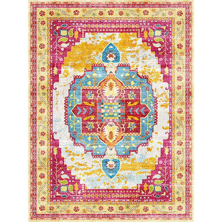 Moroccan Living Room Rug in Yellow and Pink Medallion Flower Petal Geometry Print Rug Polyester Non-Slip Back Area Rug | Bowlift