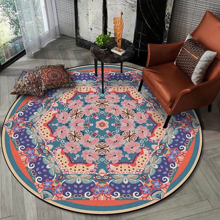Vintage medallion patterned rug with floral pink and purple tribal rug polyester washable non-slip backing rug for living room | Bowlift
