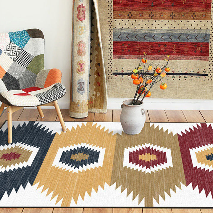 BowLift | White and brown bedroom carpet with southwestern geometric pattern, area rug made of polyester with non-slip backing