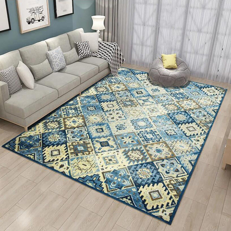 Moroccan living room rug in blue diamond print rug polyester stain resistant non-slip rug | Bowlift