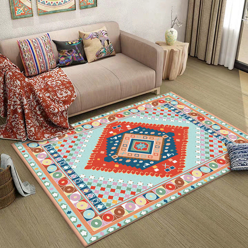 Blue and Orange Bedroom Carpet Moroccan Medallion Circle Diamond Pattern Carpet Polyester Non-slip Washable Carpet | Bowlift