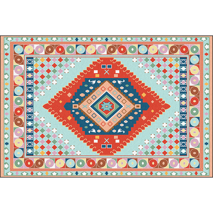 BowLift | Blue and Orange Bedroom Rug Moroccan Medallion Circle Diamond Pattern Rug Polyester Non-Slip Washable Rug