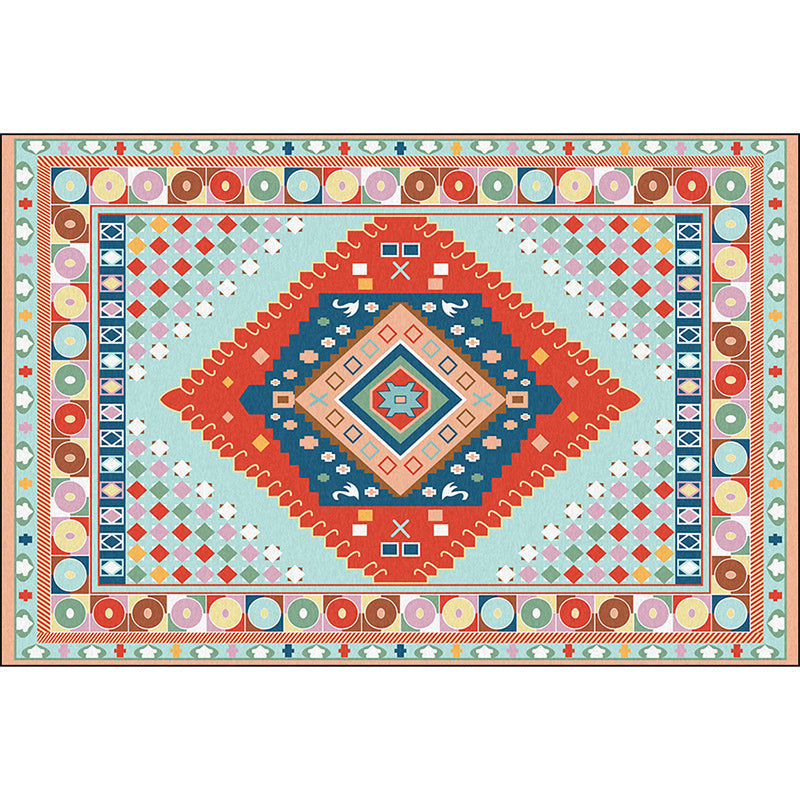 Blue and Orange Bedroom Carpet Moroccan Medallion Circle Diamond Pattern Carpet Polyester Non-slip Washable Carpet | Bowlift