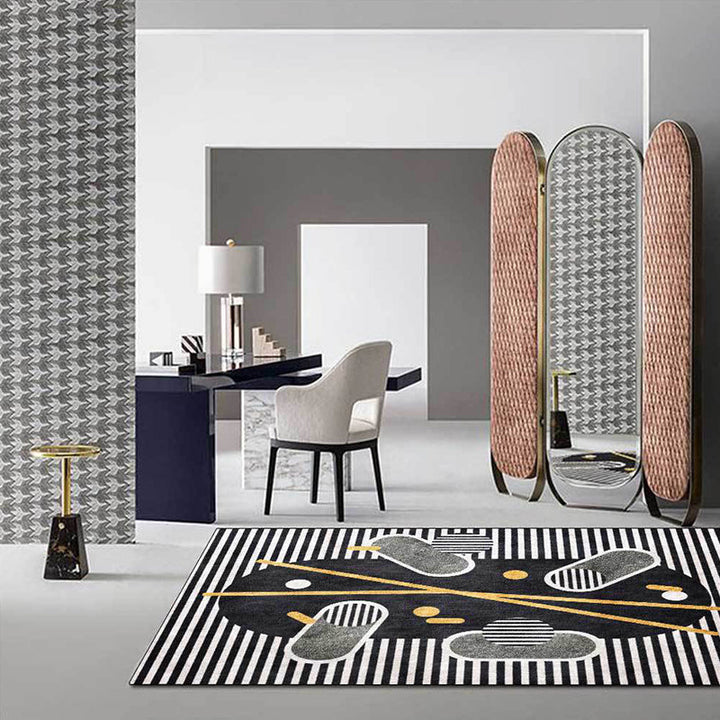 New striped pattern rug black and white polyester rug machine washable anti-slip rug for the bedroom | Bowlift