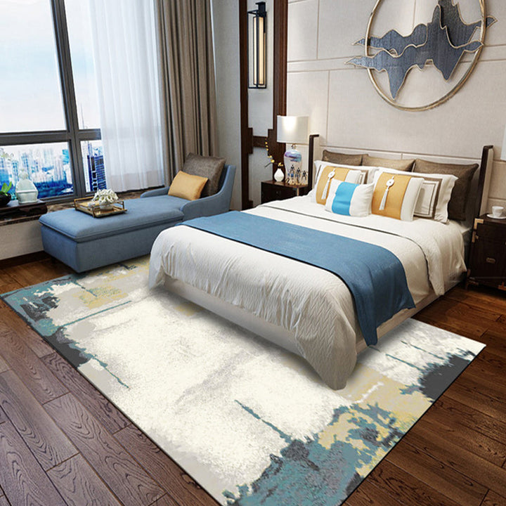 Modern living room rug in white and yellow with abstract print rug polyester non-slip backing rug for the area | Bowlift