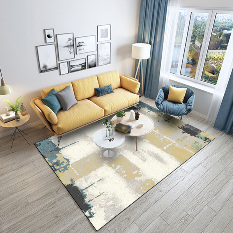 Modern living room rug in white and yellow with abstract print rug polyester non-slip backing rug for the area | Bowlift