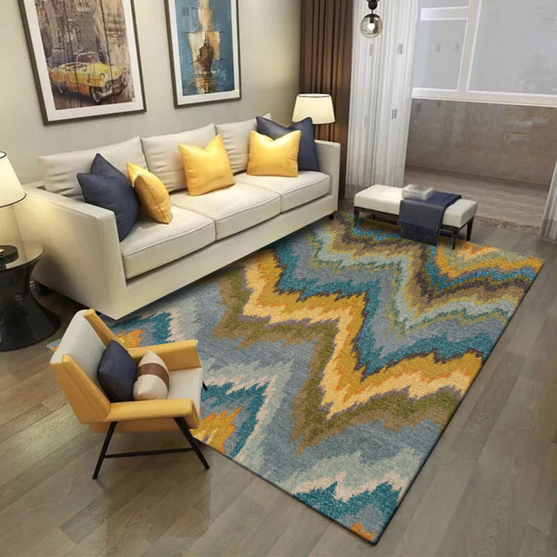 Minimalist modern rug in yellow and blue with abstract wave pattern rug polyester non-slip rug for home decor | Bowlift